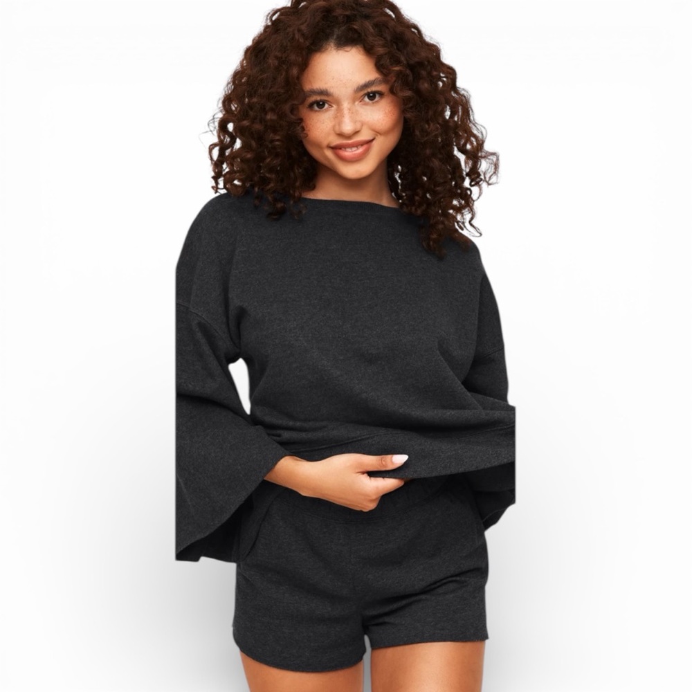 Stylish Adore Me Bailey Dark Heather Gray Bell Sleeve 2-Piece Pajamas Set NWT